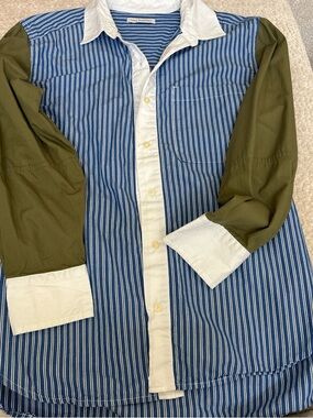 Button-Down Mixed-Panel Shirt - Blue Stripe with Olive Sleeves